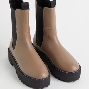 H&M Taupe and Black Pleather Stacked Heeled Ankle Boots